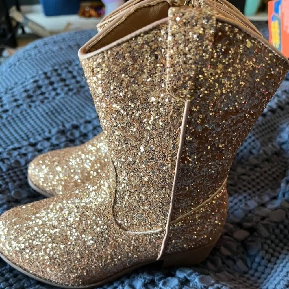 🆕Girls Rose Gold Glitter Manmade Glitter Cowgirl Mid Calf Cowboy Western Boots